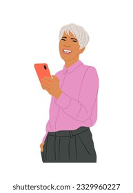 Senior business woman holding, using mobile phone. Pretty smiling lady with smartphone in hands. surfing internet, chatting. Vector cartoon realistic illustration isolated on white background