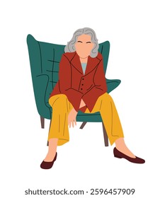 Senior business woman sitting in armchair in smart casual clothes. Colorful flat vector illustration isolated on white background