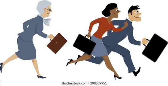 Senior Business Woman Trying To Keep Up With Younger Colleagues, Running, Vector Illustration, EPS 8