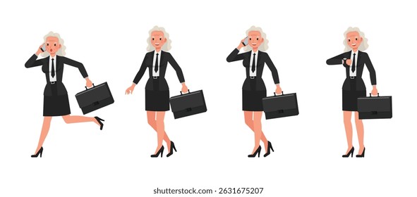 Mulher de negócios sênior usar terno preto e segurando um conjunto de design de ilustração vetor personagem maleta. Apresentação em várias ações.
