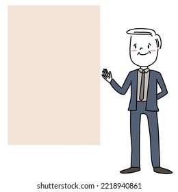 Senior Businessman With Blank Signboard. Happy Mature Man Making A Gesture To Blank Signage. Portrait Of Confident Elderly Male Presenter Pointing At Empty Placard. Hand-drawn Vector.