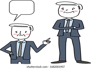 Senior businessman with blank text bubble. Mature man in suit pointing and making a gesture to blank speech balloon. Portrait of confident male presenter in suit standing with folded arms.