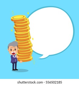 Senior businessman carrying big money stack with white speech bubble