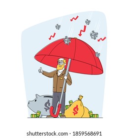 Senior Businessman Character Stand under Umbrella Protecting Money of Covid Cells Show Thumb Up. Financial Protection, Insurance, Business Man Protect Capital of Pandemic. Linear Vector Illustration