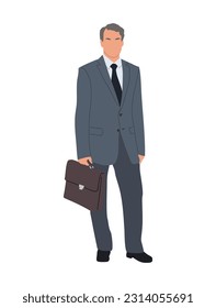 Senior Business Man Charakter stehend mit Aktentasche. Schöner Mann mit formalem Anzug und Krawatte. Vektorrealistische Illustration einzeln auf weißem Hintergrund