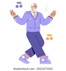 Hombre de negocios senior bailando alegremente. Ejecutivo Corporativa abrazando el ritmo de la vida con un baile alegre. Ilustración vectorial.