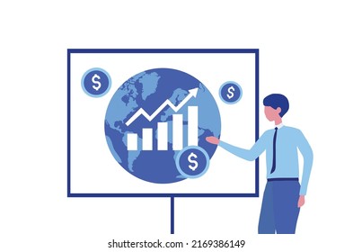 Empresario de alto nivel que hace una presentación de la inflación económica mundial y la ilustración de los vectores de crisis financiera