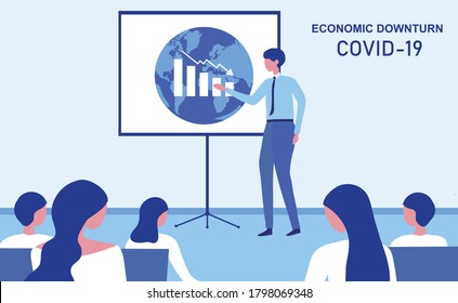 Empresario de alto nivel que realiza la presentación de la crisis económica mundial del coronavirus COVID-19 para la ilustración de los vectores del seminario. Antecedentes del concepto de crisis económica
