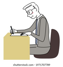 Senior businessman filling out application form at desk. Mature businessman sitting at desk and writing on paper. Elderly man writing at desk. Smiling male applicant filling out job application form.