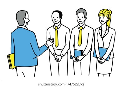 Senior businessman giving advise, training, explanation to his team work, man and woman, diversity, multi-ethnic. Outline, linear, thin line art, hand drawn sketch design, simple style.