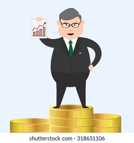 Senior businessman happy with the graph on a pile of gold coins. concept vector