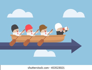 Senior businessman with his team rowing to success, teamwork concept