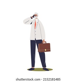 Senior businessman holding smartphone make phone call talking. Successful mature business owner in formal wear with cellphone. Cartoon flat vector illustration