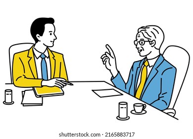 Senior businessman or manager giving advice, briefing, or interview to young office worker. Outline, linear, thin line art, hand drawn sketch design, simple style. 