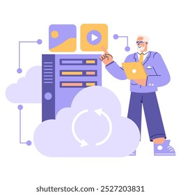 Hombre de negocios sénior que gestiona contenido digital en entorno de computación en nube. Acceso a archivos multimedia y concepto de almacenamiento de datos en línea. Ilustración vectorial.