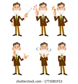 Senior businessman with mask 6 pose set