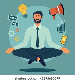 Empresario senior meditando en la ilustración de vector de oficina. Dinero, bombilla, megáfono, diagrama, smartphone en segundo plano. Hombre con ojos cerrados en loto posan pensando en los negocios