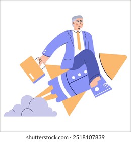 Senior businessman on rocket expressing career growth and success motivation. Corporate ambition and leadership concept. Vector illustration.
