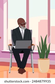 Senior Businessman sitting in modern office with panoramic window, working at laptop. Aged african american man wearing formal suit and glasses with computer. Vector realistic illustration.