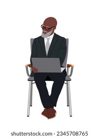 Senior Businessman sitting at office chair working at laptop. Aged african american man wearing formal suit and glasses with computer. Vector realistic illustration isolated on white background