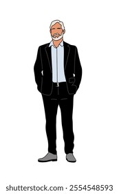 Senior businessman standing in confident pose with his arms in pockets. Old man wearing formal suit. Vector outline colored drawing isolated on white background