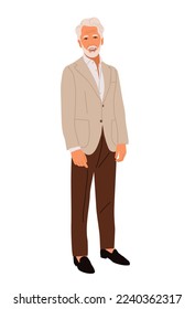 Empresario de alto nivel vestido moderno e informal. Hombre elegante y de edad, vestido con traje de negocios formal. Ilustración realista del vector de caracteres masculino aislado en blanco