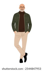 Hombre de negocios sénior de pie en traje casual elegante. Hombre calvo envejecido con barba y gafas ilustración realista de Vector aislado sobre fondo blanco.