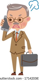 Senior businessman in a suit making a call on a smartphone (angry expression)