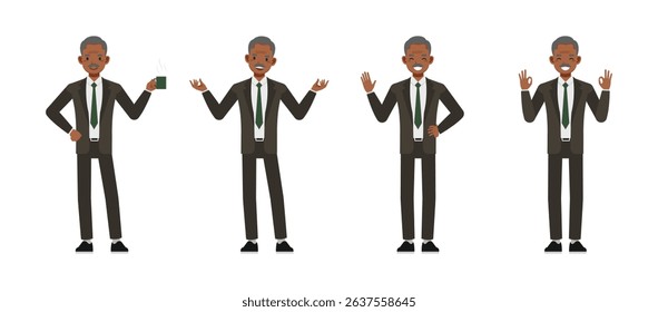 Senior businessman wear brown suit character set. Men express positive emotions happiness. Vector illustration cartoon design.