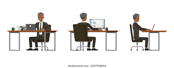 Senior businessman wear brown suit character set. Men sitting and working with laptop. Vector illustration cartoon design.