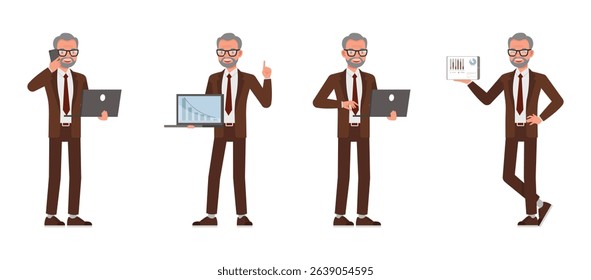 Senior businessman wear brown suit and eyeglasses character set. Men working hold laptop with diagram graph. Vector illustration flat design.