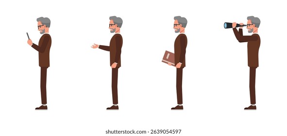 Senior businessman wear brown suit and eyeglasses character set. Men working and holding binoculars, phone. Vector illustration flat design.