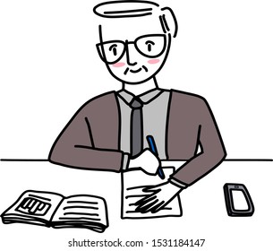 Senior businessman working at desk, reviewing document. 