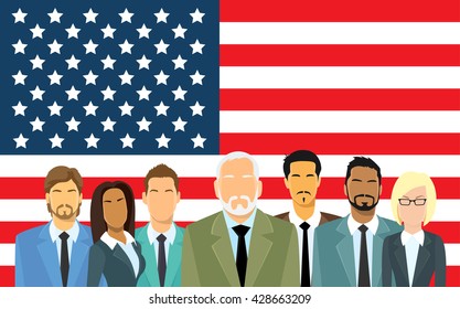 Senior Businessmen Group of Business People Team Over United States American Flag Flat Vector Illustration