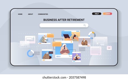senior businesspeople discussing during video conference aged business people in web browser windows chat bubble communication