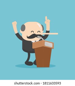 Senior Businesswoman on a podium giving speech with his long nose
