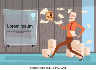 Senior Busy Business Man Run Throwing Paper Documents Paperwork Flat Vector Illustration