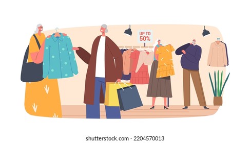 Senior Buyers Characters at Seasonal Sale or Discount in Fashion Outlet. Aged Shopaholic with Purchases in Paper Bags. Happy Men and Women Shopping Fun in Store. Cartoon People Vector Illustration