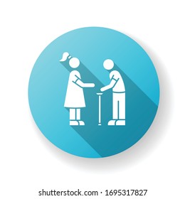 Senior care blue flat design long shadow glyph icon. Elder person with cane. Social worker help old man. Assistance for disabled people. Physical rehab. Silhouette RGB color illustration