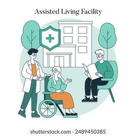 Senior care concept. Elderly couple enjoying life at an assisted living facility with medical support. Senior healthcare services. Vector illustration.