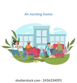 Senior care concept. Youthful volunteers sharing time and joy with elders at nursing home. Bridging generations through compassion and conversation. Helping older people in need. Vector illustration