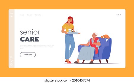 Senior Care, Elderly Caregivin Landing Page Template.Young Female Character Bring Medicine to Old Woman. Pandemic Isolation Support, Help and Assistance to Aged People. Cartoon Vector Illustration
