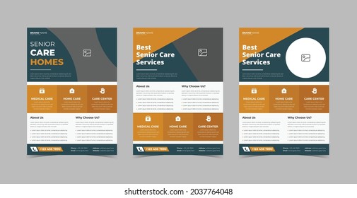 Senior care flyer design template bundle. Senior care nurse poster leaflet design.  Flyer design 3 in 1 template bundle
