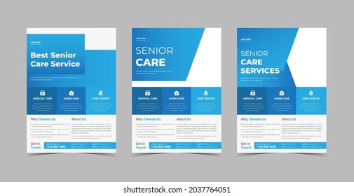 Senior care flyer design template bundle. Senior care nurse poster leaflet design.  Flyer design 3 in 1 template bundle