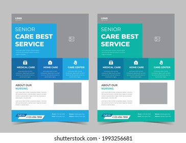Senior care flyer template. Old age home care service leaflet design. Medical flyer design template. Nursing care poster template