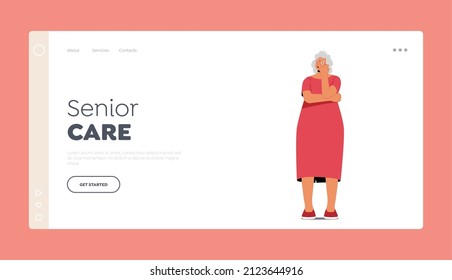 Senior Care Landing Page Template. Grandmother Character Trying to Remember Something, Old Woman Suffer of Alzheimer, Struggle with Brain Geriatric Mental Illness. Cartoon People Vector Illustration