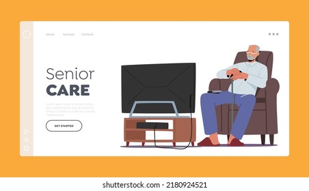 Vorlage für Senior Care Landing Page. Old Man Watch Tv, männliche Charaktere auf bequemen Sessel sitzen mit Spaß und Entspannung. Einsam ältere Großvater Sparetime. Vektorgrafik von Cartoon People