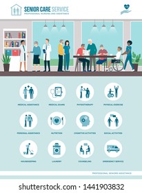 Senior Care Services At The Nursing Home: Elderly People And Medical Staff Together, Icons Set