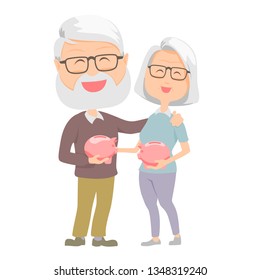 Senior carrying retirement savings money. Senior couple with piggy bank .