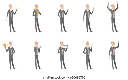 Senior caucasian businessman set. Businessman waving his hand, holding money, clock, pointing finger up, standing with raised arms. Set of vector flat design illustrations isolated on white background